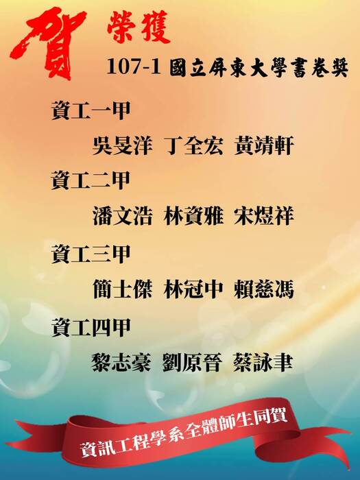 賀本學系同學榮獲國立屏東大學107-1學年度書卷獎圖片