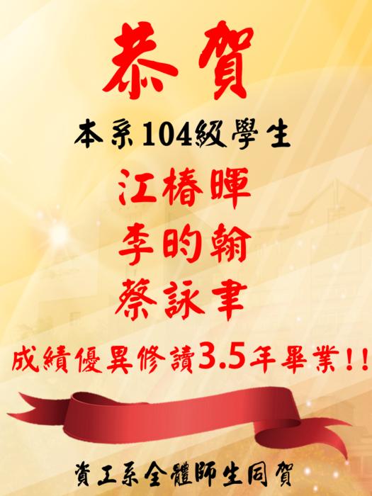 恭賀本學系資工四甲江椿暉、李昀翰及蔡詠聿同學成績優異修讀3.5年畢業圖片